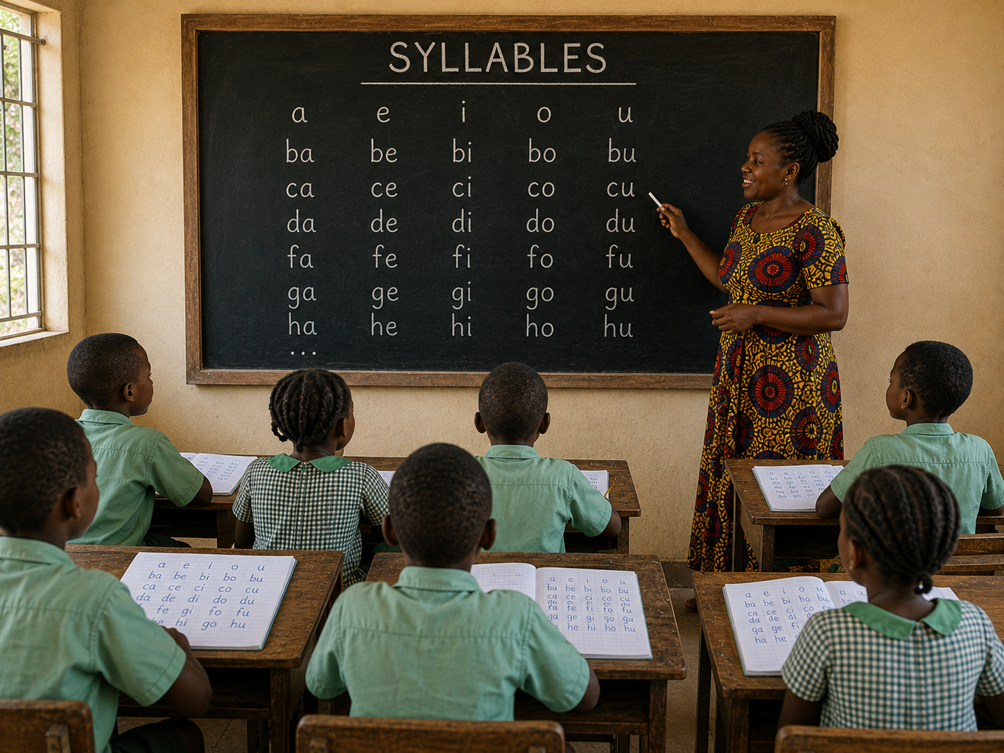 Bantu classroom — a teacher in front of a blackboard labelled SYLLABLES walks pupils through the grid a-e-i-o-u, ba-be-bi-bo-bu, ca-ce-ci-co-cu, on through ha-he-hi-ho-hu. The children copy the grid into their workbooks.