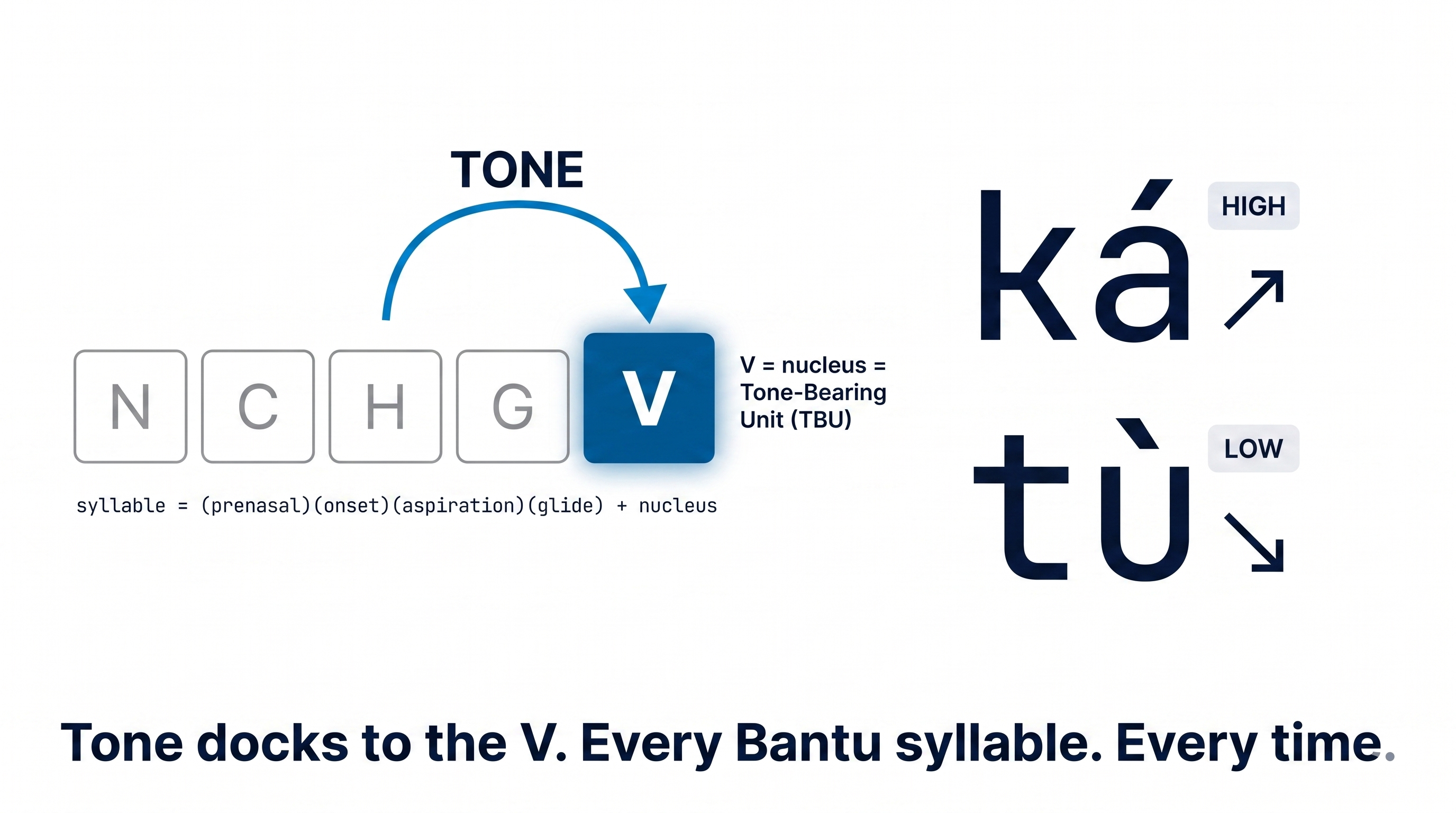 Diagram — The Bantu syllable template N C H G V. The V (nucleus) is highlighted as the Tone-Bearing Unit (TBU). A curved arrow labelled TONE drops down onto V. Worked examples: ká with a HIGH tone marker and a rising pitch arrow; tù with a LOW tone marker and a falling pitch arrow.